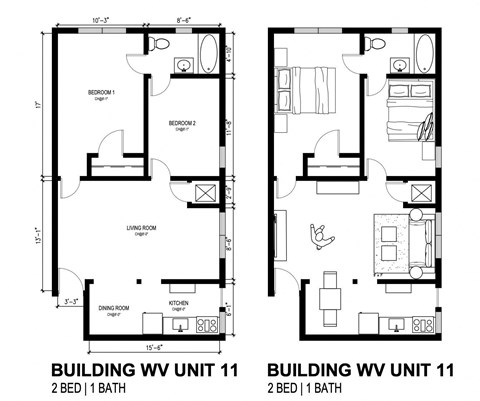 Floor plan for 2 beds, 1 bath, 700 sqft